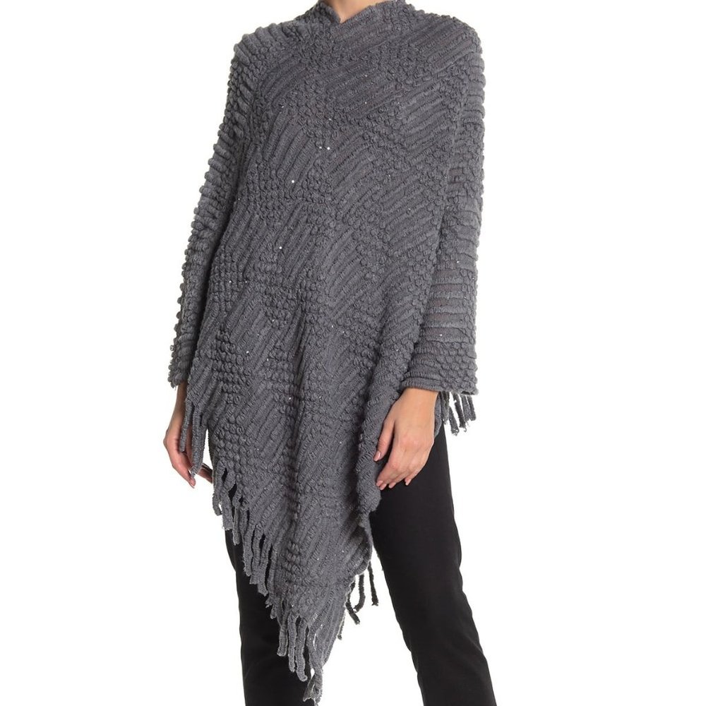 Vertigo Textured Sequin Knit Fringe Poncho OS NWT